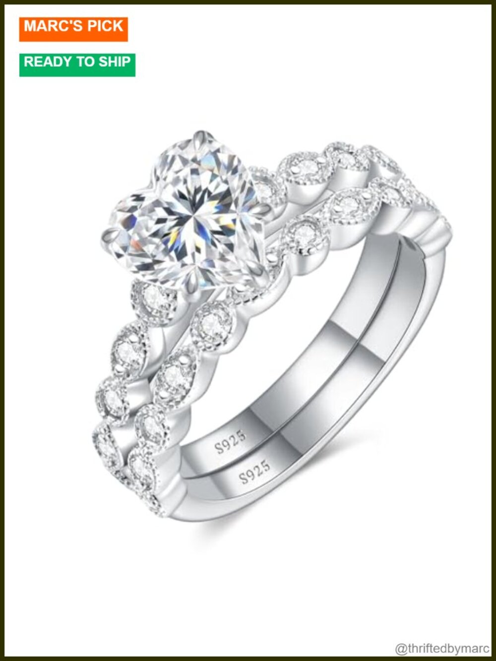 2CT Heart Cut Moissanite Ring Set 925 Sterling Silver Promise Ring